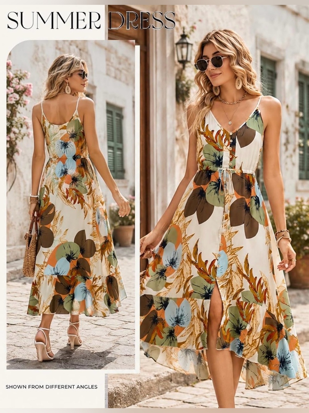 Beautiful BOLD Floral & Leaf Print Glowy Boho Bohemian Sun Dress Sundress Med - Picture 5 of 7